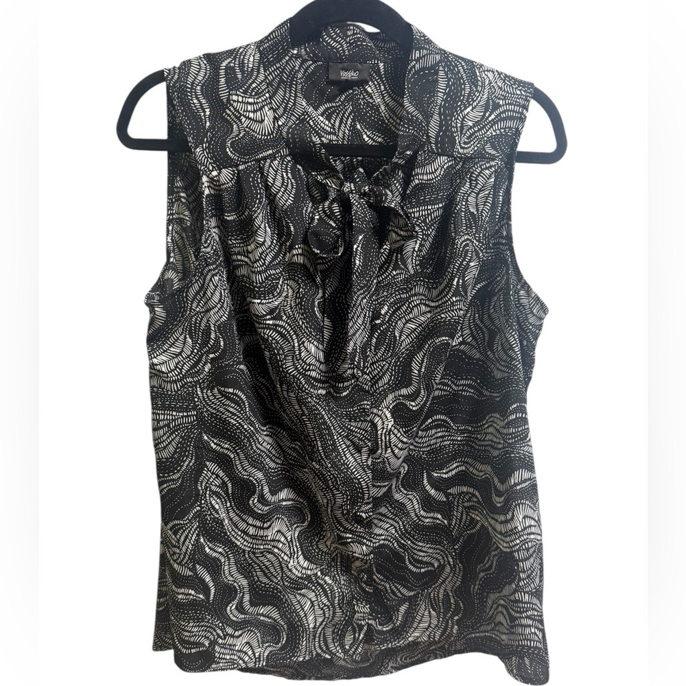 Black & White Patterned Sleeveless Blouse with tie neck, high/low hem, buttons